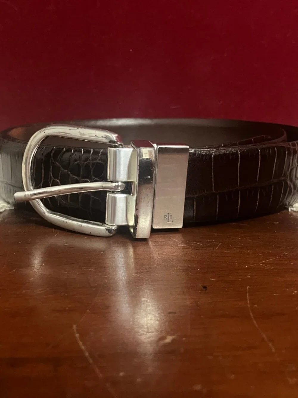 Ralph Lauren Dark Brown Croc-Embossed Leather Belt with Silver Buckle